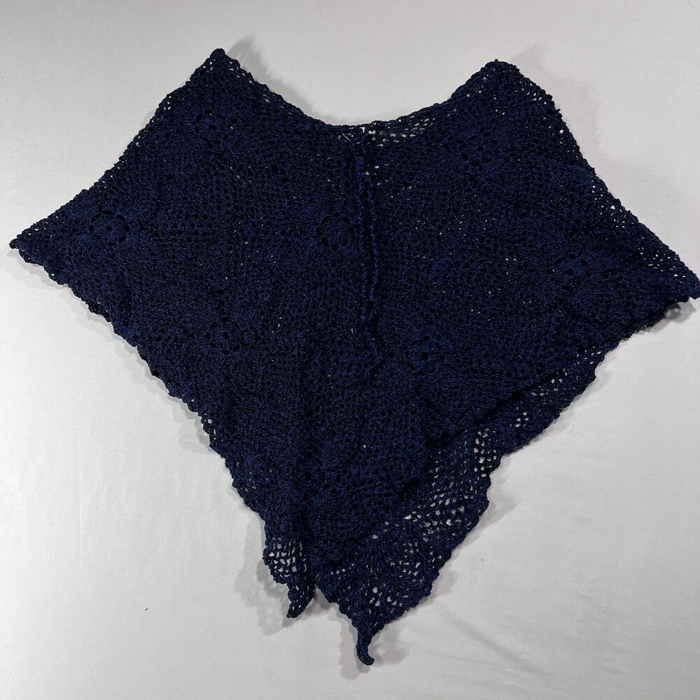 Handmade Crochet Poncho Shawl Capelet Navy Blue Boho Festival Knit Mini